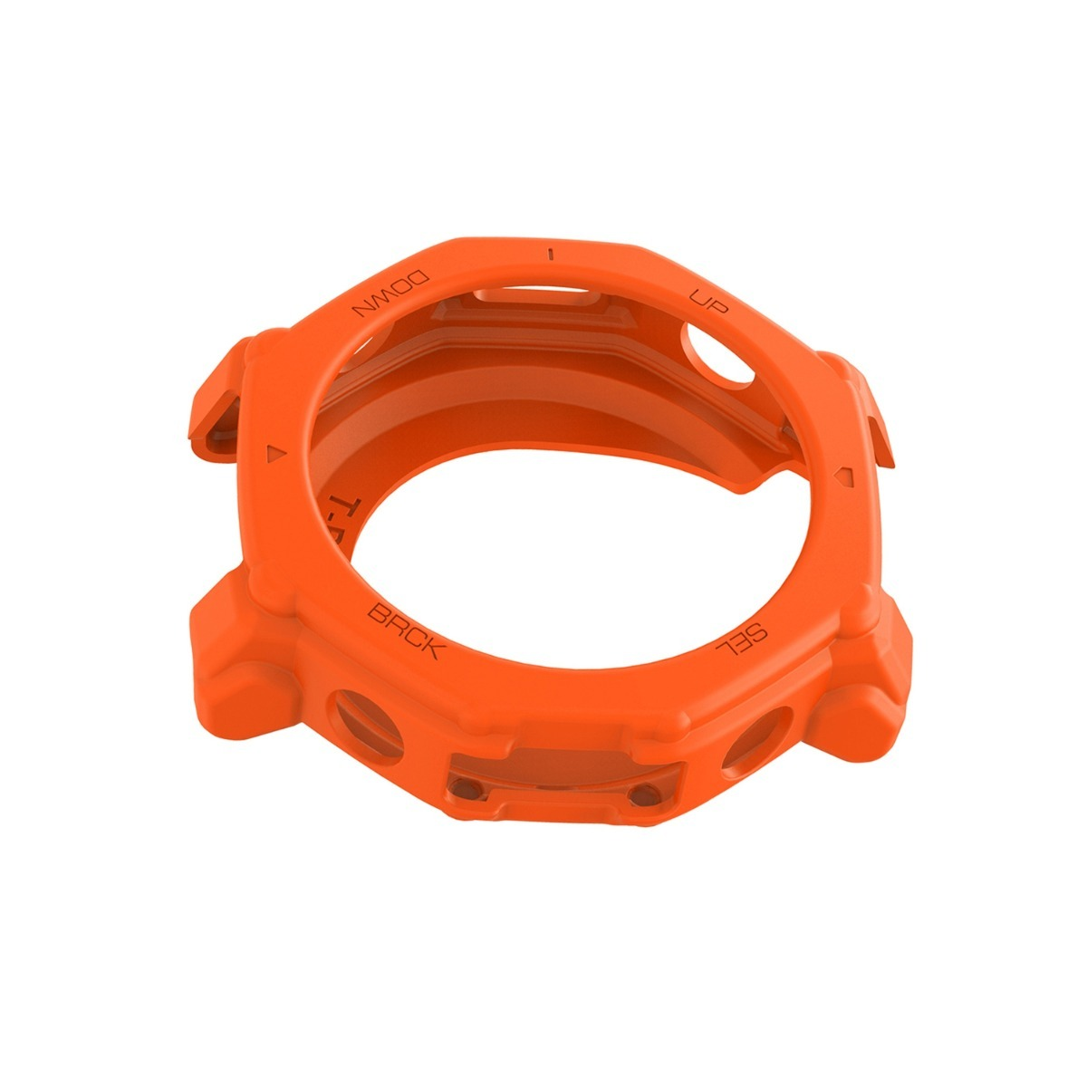 Ein leuchtend orangefarbenes Schutzgehäuse für eine Smartwatch mit Tastenbeschriftungen.