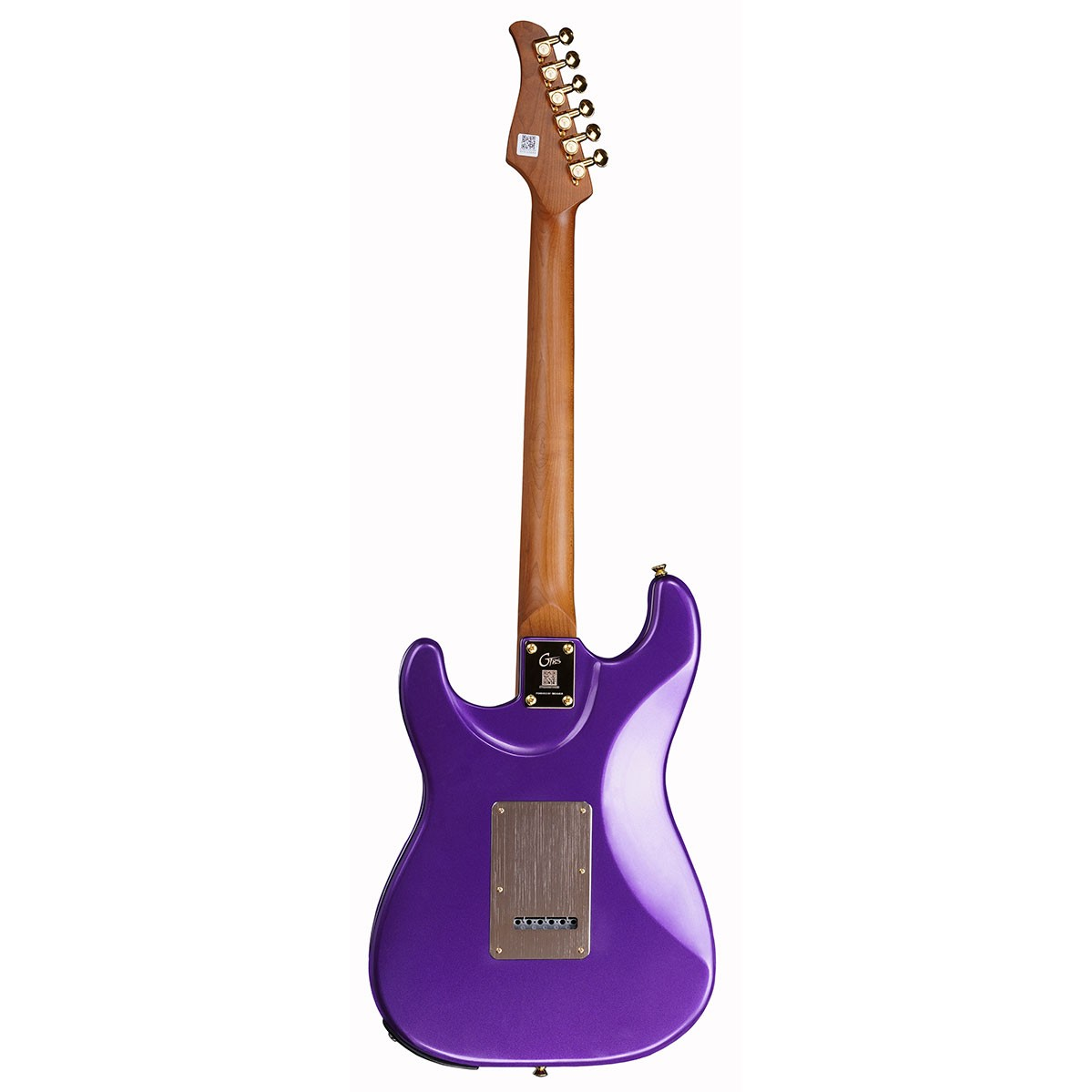 Beyaz arkaplanda ahşap saplı ve altın renkli akort burgulu mor elektro gitarın arkası.
