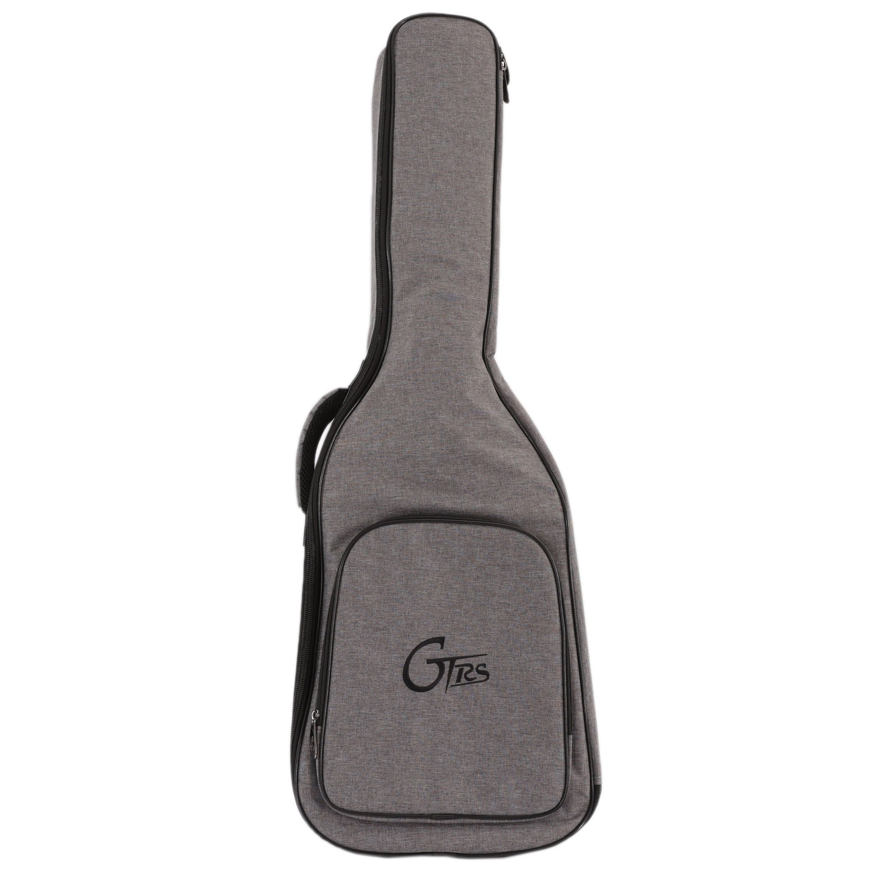 Beyaz arka planda siyah fermuarlı ve ön cebinde GTRS logosu bulunan gri renkli dolgulu gitar kılıfı.