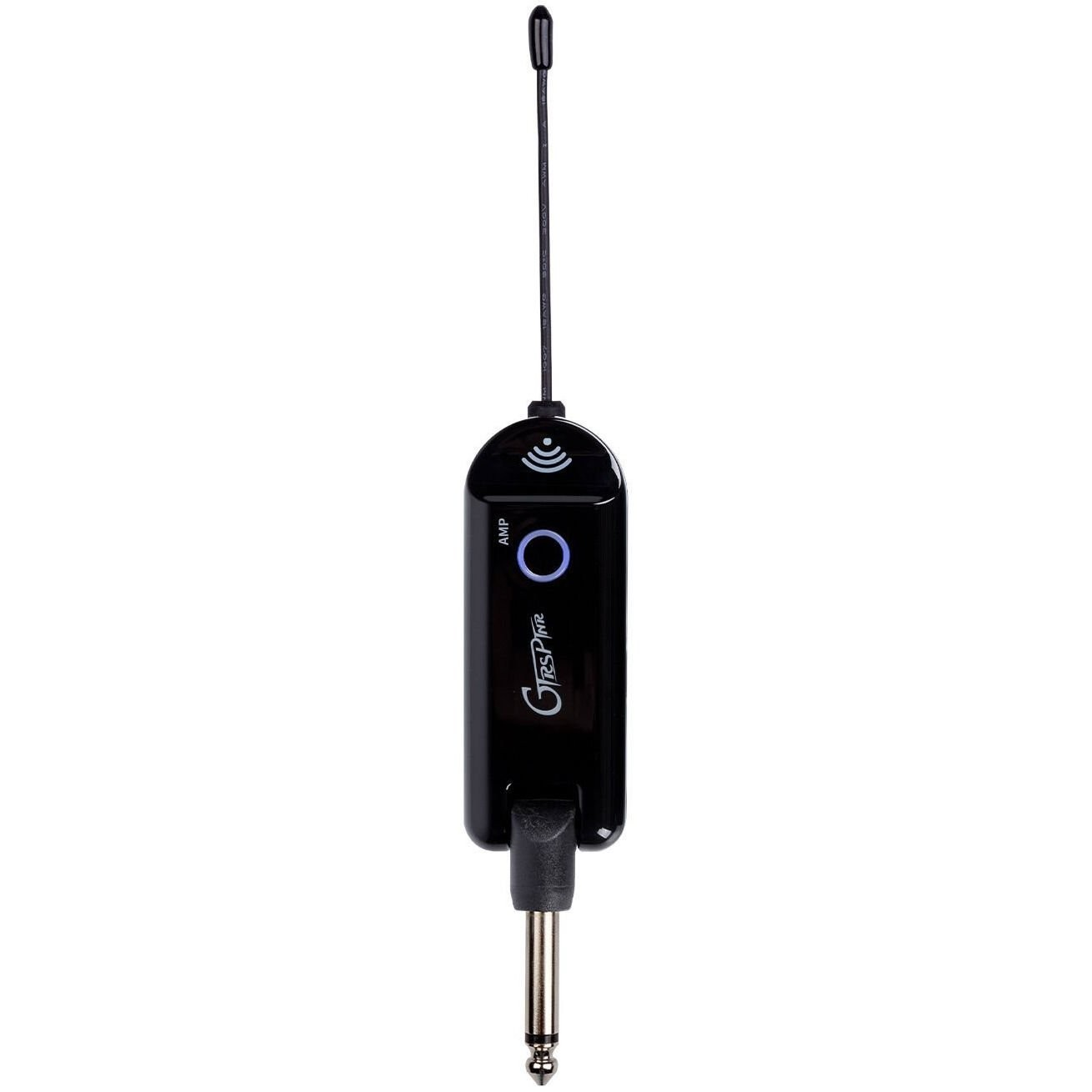 Beyaz arka planda antenli ve 6.3 mm jak fişli siyah kablosuz gitar vericisi.
