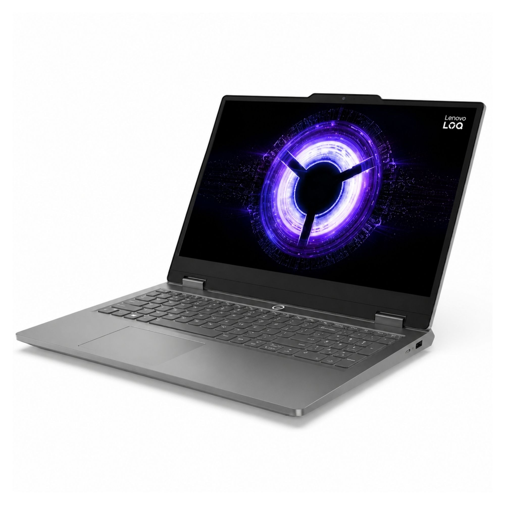 Beyaz arka planda gri Lenovo LOQ dizüstü bilgisayar, ekranda parlayan mor girdap grafiğiyle.