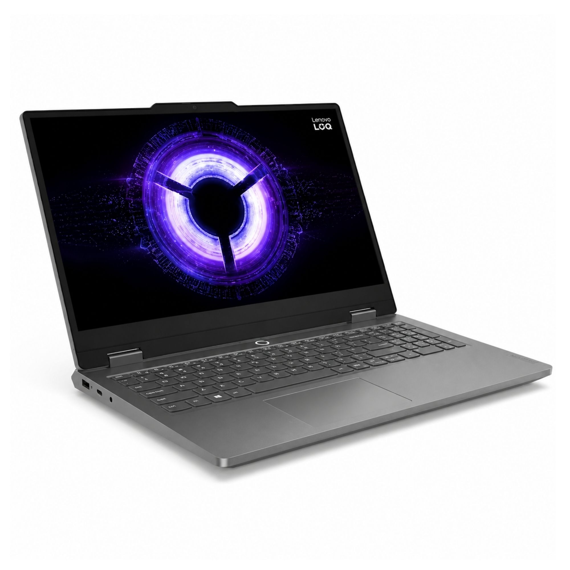 Beyaz arka planda gri bir Lenovo LOQ dizüstü bilgisayar, ekranında mor soyut bir girdap grafiği gösteriyor.