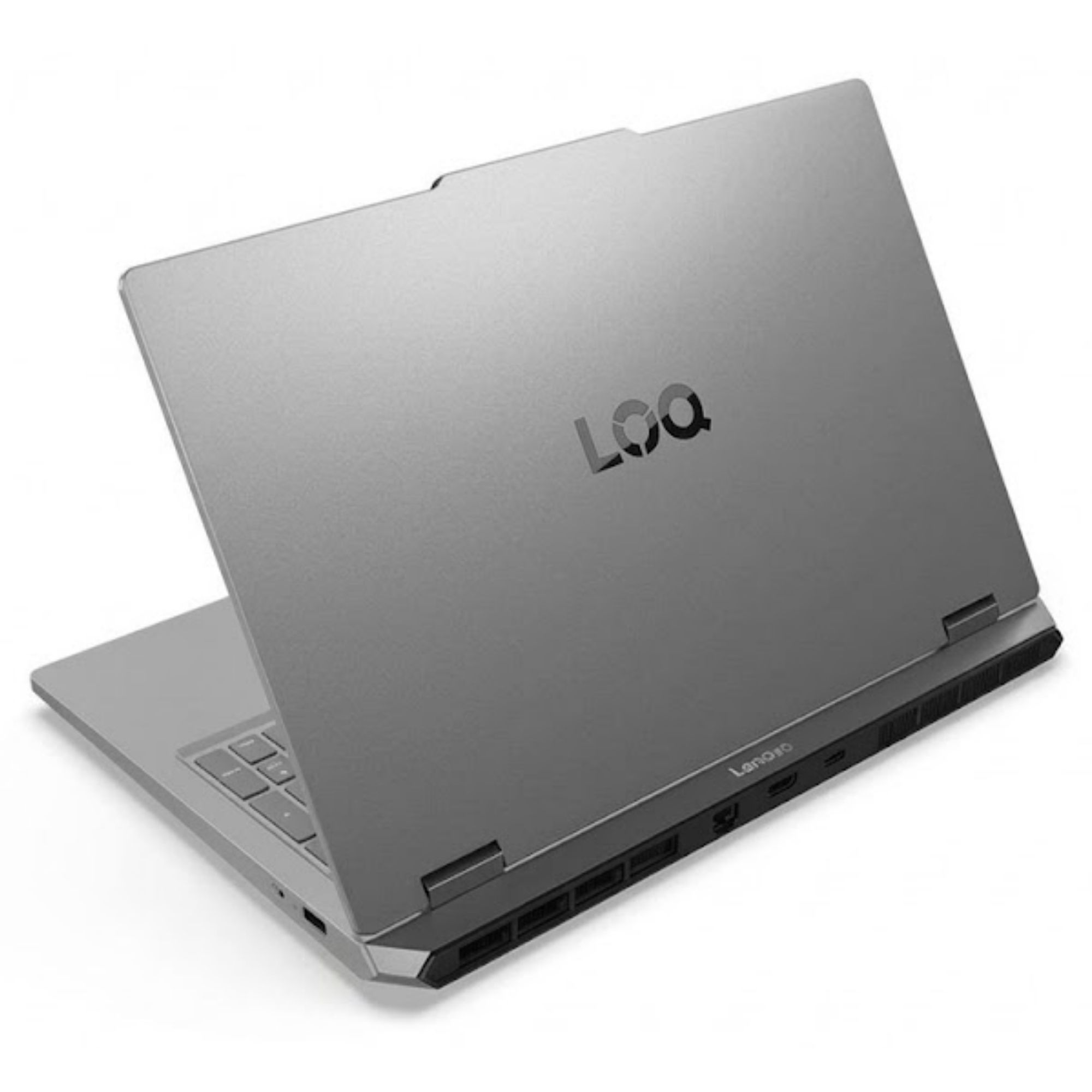 Arka taraftan görünen gri renkli Lenovo LOQ oyuncu dizüstü bilgisayarı, beyaz arka planda logo ve portlar.