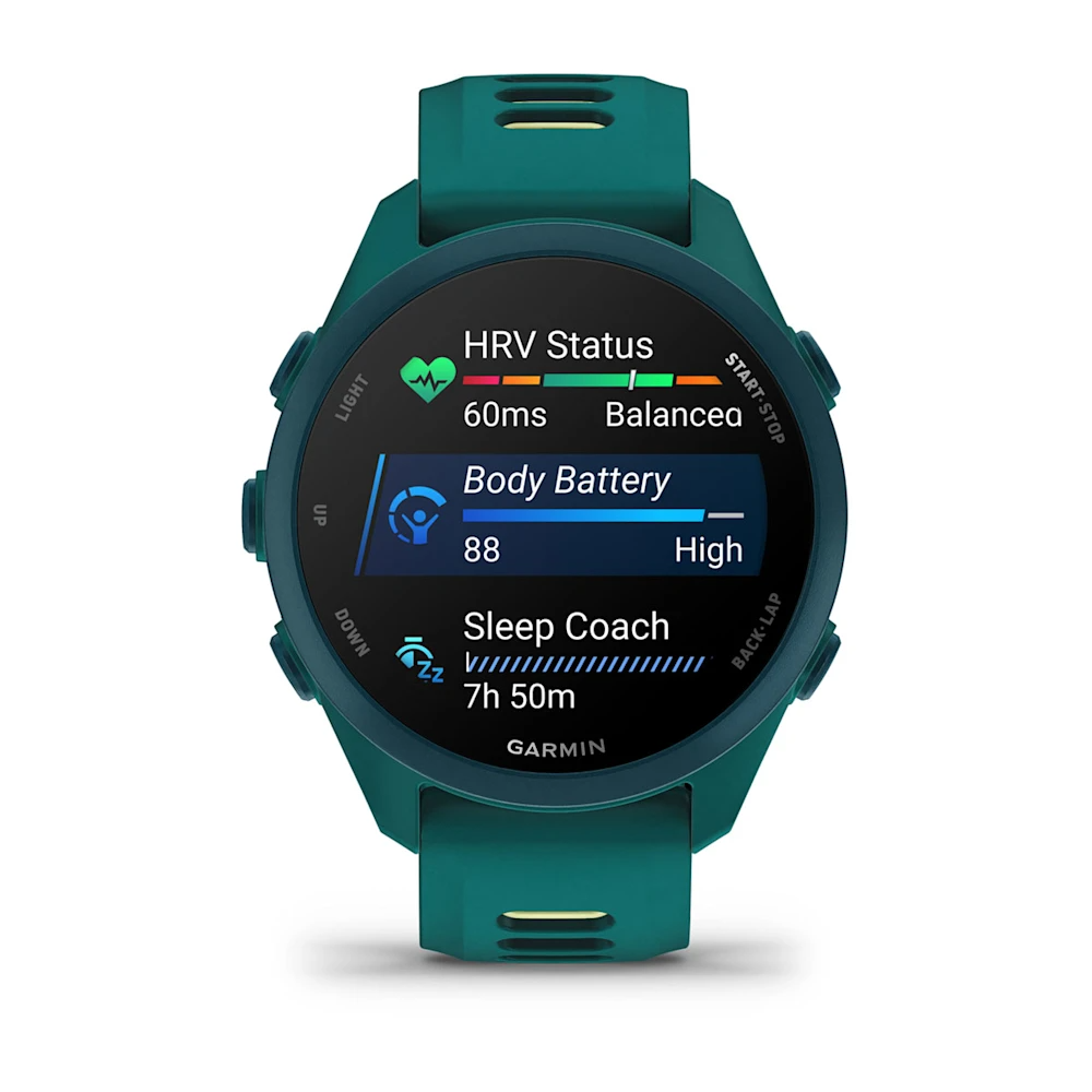 Kalp atış hızı ve uyku durumunu gösteren dijital ekranlı yeşil Garmin spor saat.