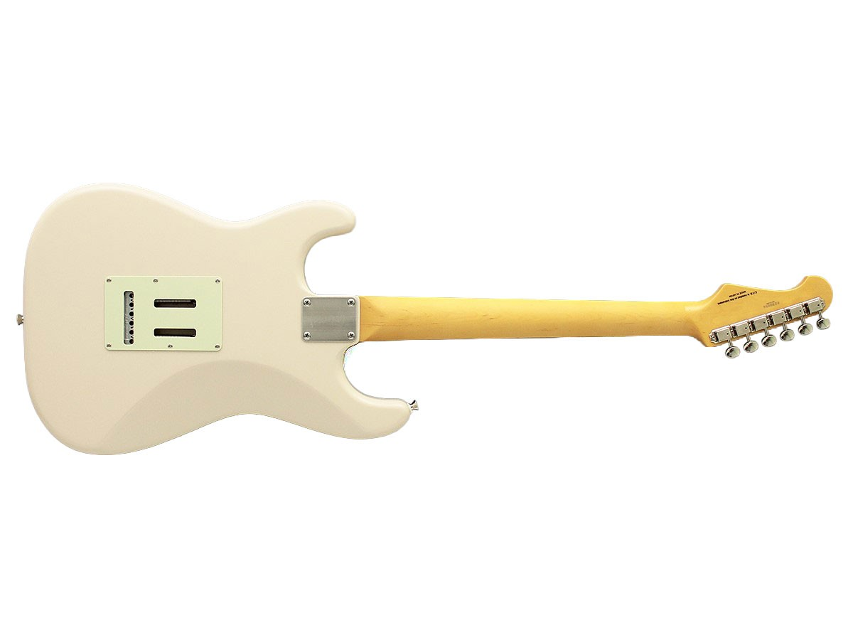 Açık ahşap saplı ve gümüş akort burgulu krem ​​beyazı bir elektro gitarın arkası.