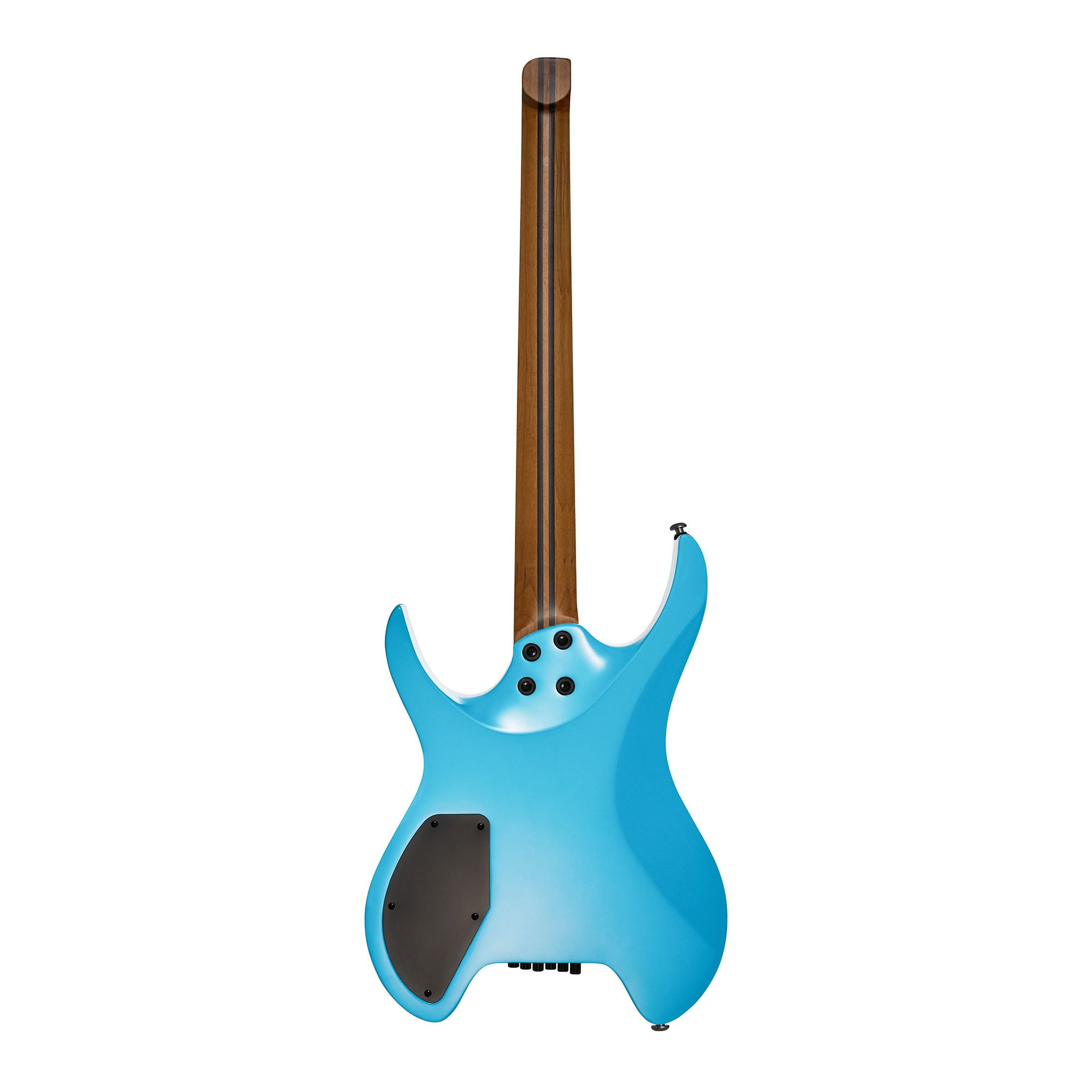 Beyaz arka planda ahşap saplı ve siyah kapaklı parlak mavi bir elektro gitarın arkası.