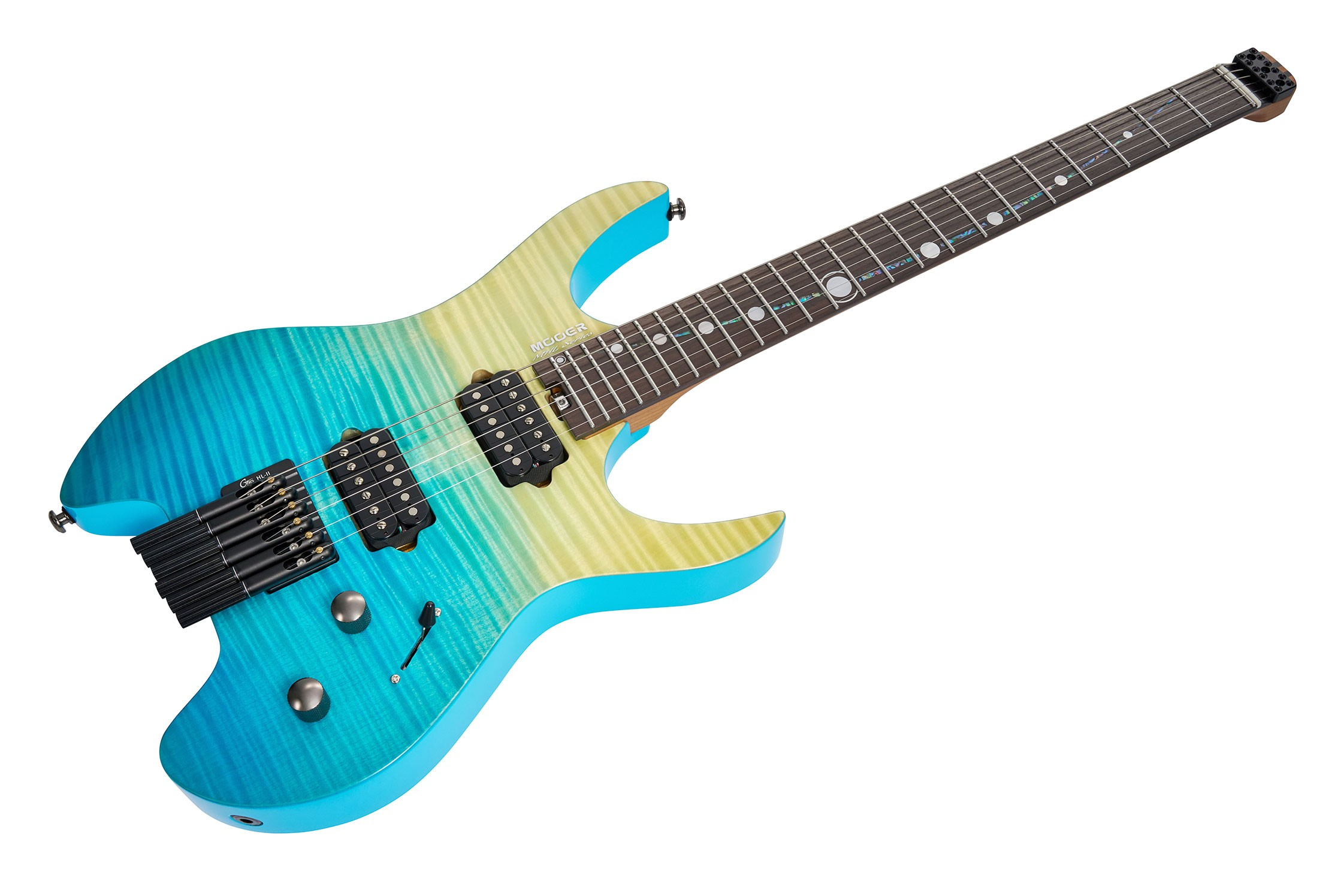 Beyaz arka planda turkuaz-sarı geçişli ve iki humbucker manyetikli başsız elektro gitar.