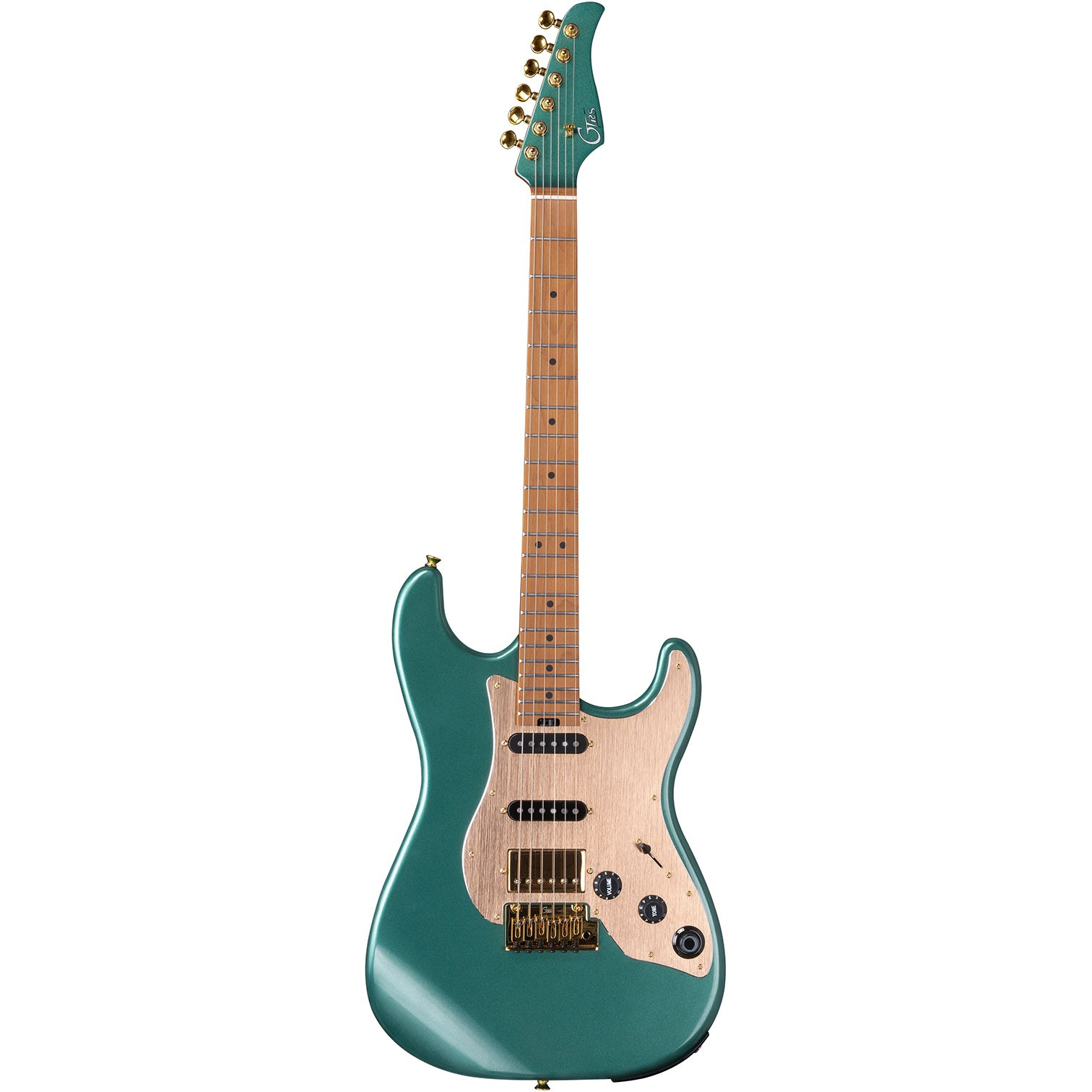 Altın rengi donanıma, açık ahşap klavyeye ve fırçalanmış metal pena korumasına sahip metalik teal gitar.