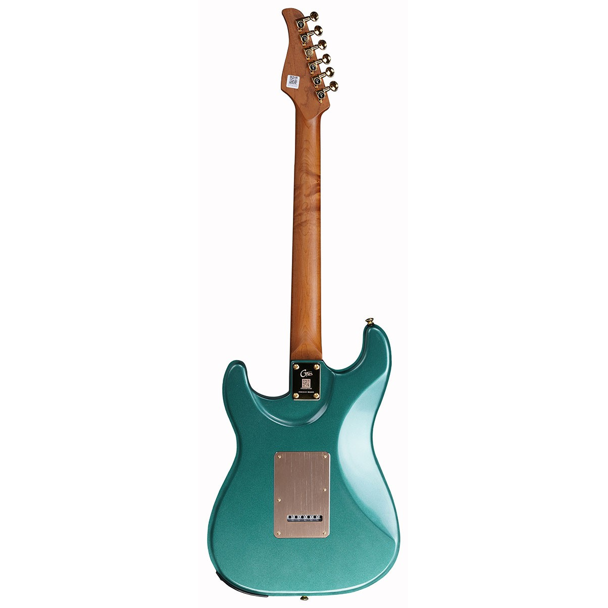 Beyaz arka planda ahşap saplı ve altın renkli akort burgulu koyu yeşil bir elektro gitarın arkası.