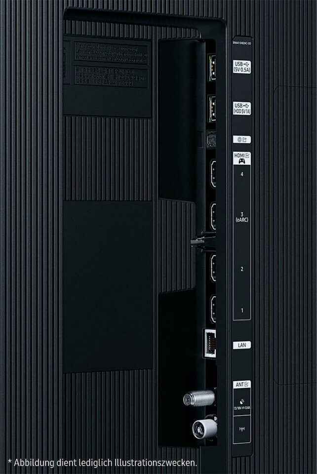 Rückseite eines Fernsehers mit verschiedenen Anschlüssen wie USB, HDMI, LAN und Antenne in einem strukturierten Gehäuse.
