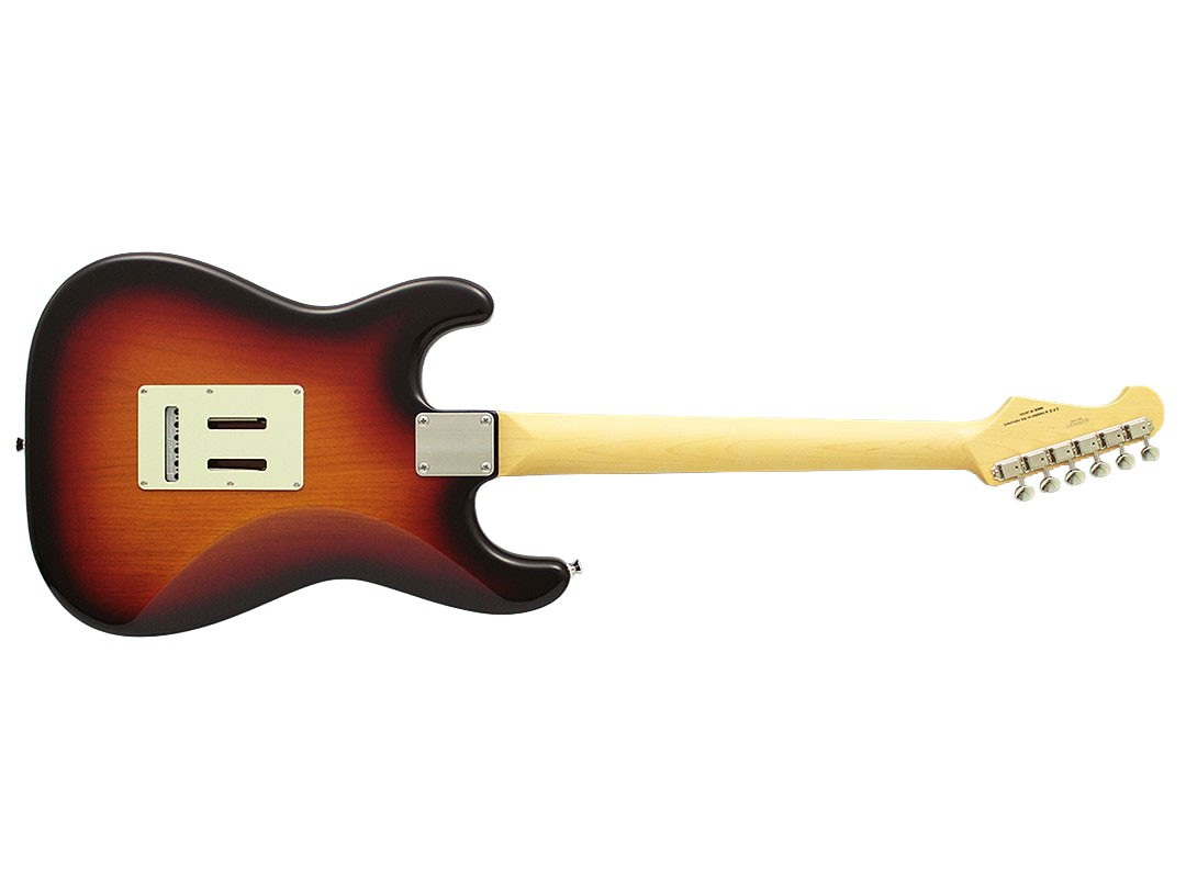 Beyaz arka planda sunburst kaplamalı ve açık ahşap saplı bir elektro gitarın arka görünümü.