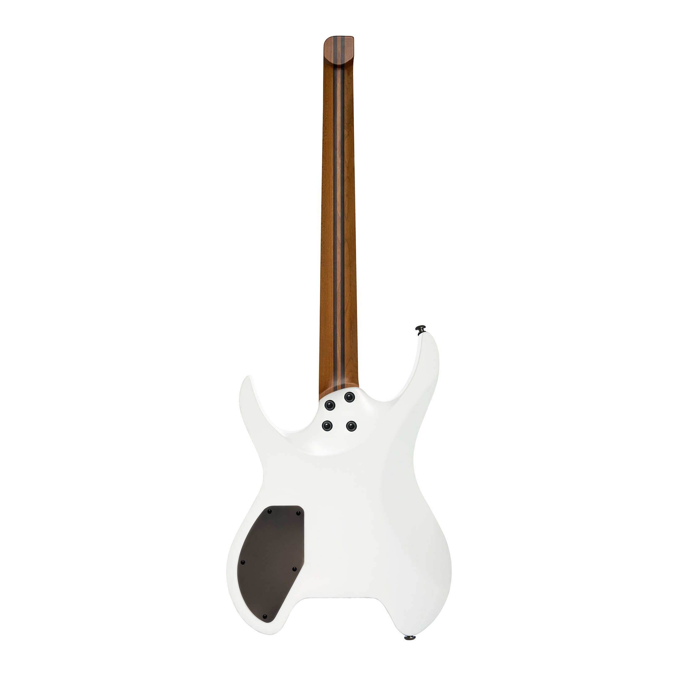 Beyaz arka planda ahşap saplı ve siyah elektronik bölmeli beyaz bir elektro gitarın arka görünümü.