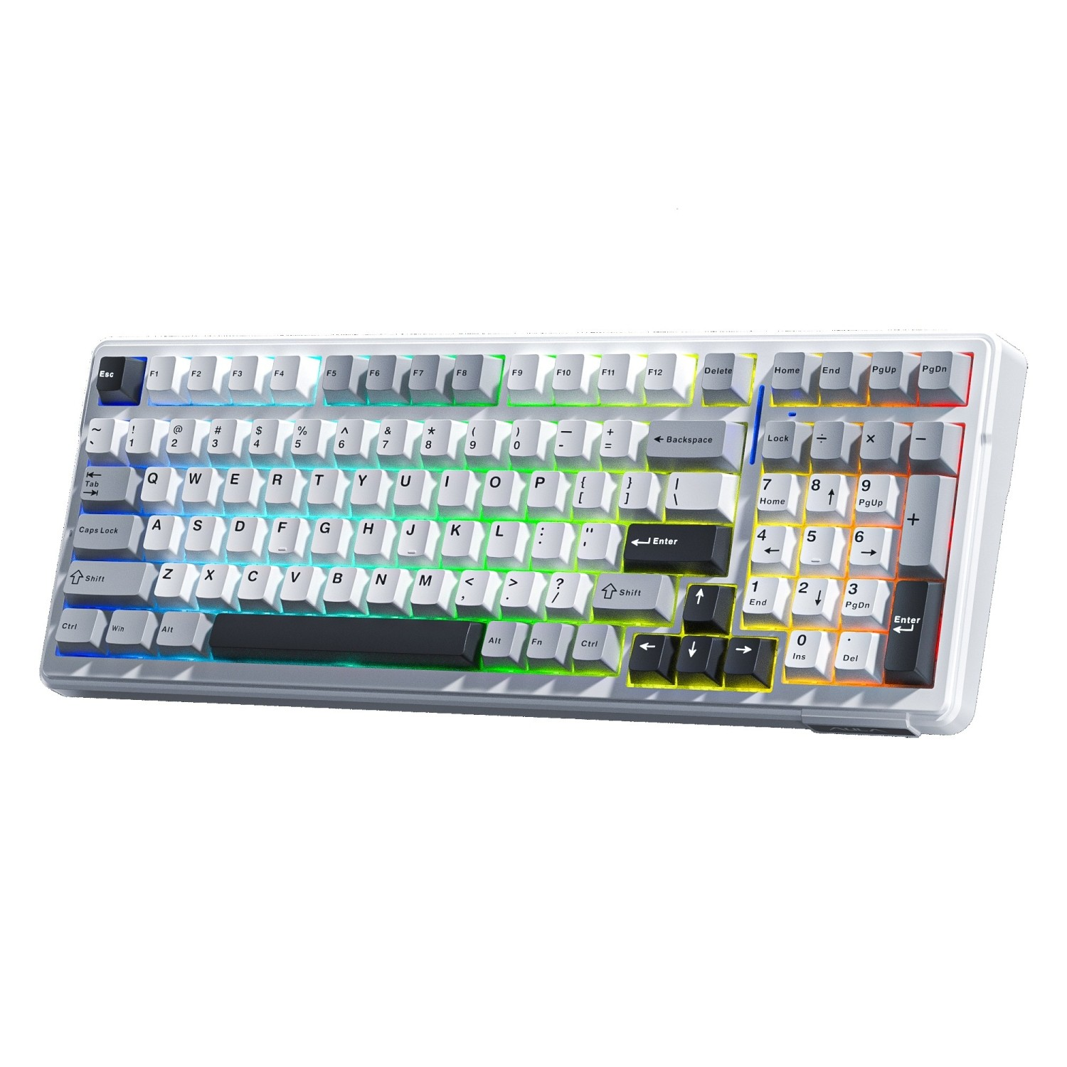 Beyaz arkaplanda RGB aydınlatmalı, sayı tuş takımına ve siyah vurgulu tuşlara sahip beyaz mekanik klavye.