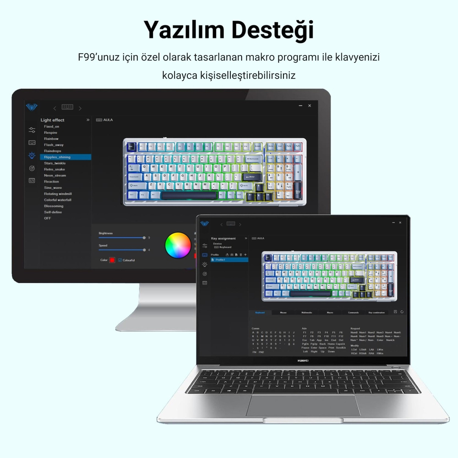Bir monitör ve dizüstü bilgisayar, klavye arka ışığını ve makroları özelleştirme yazılımını gösterir.