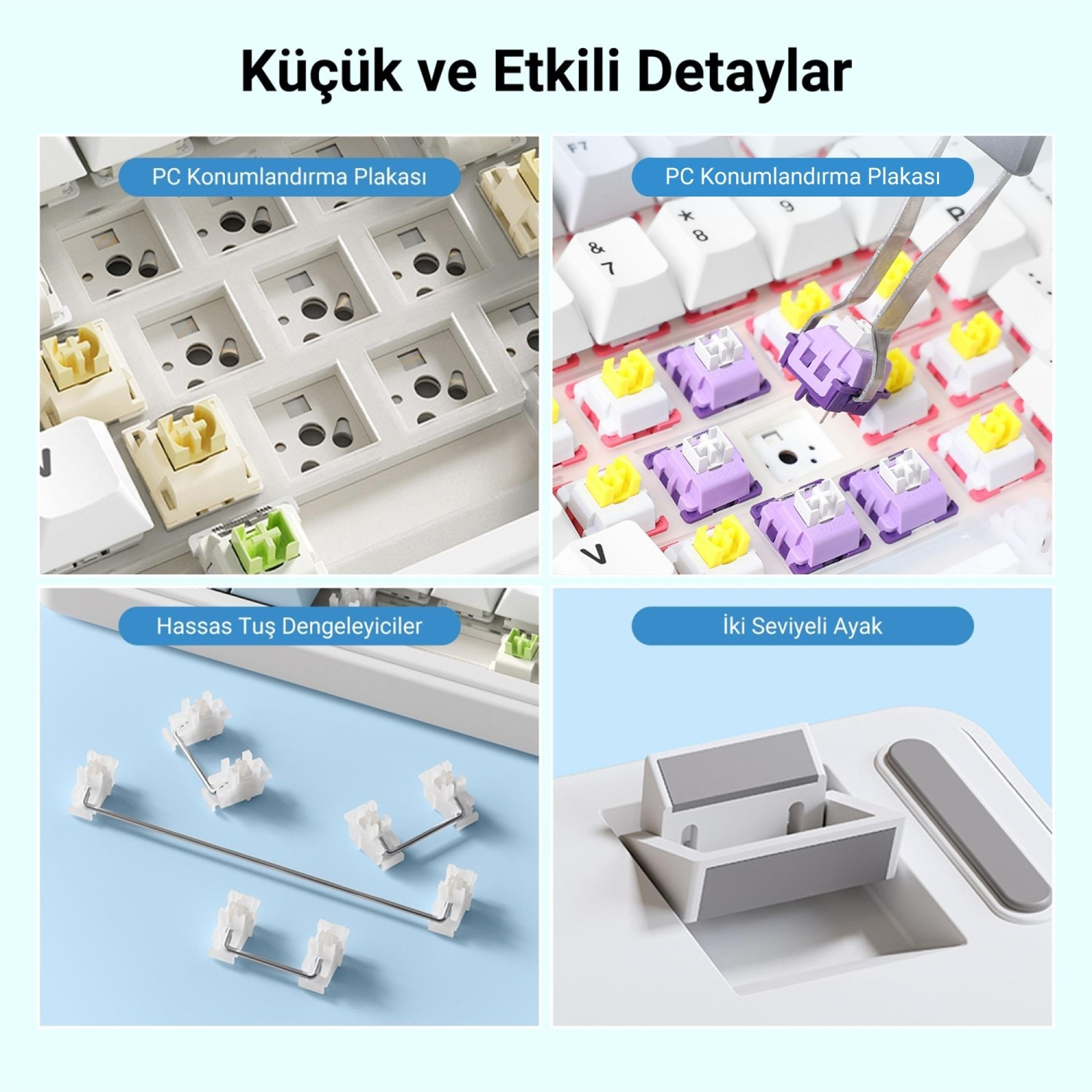 Klavye parçalarını gösteren dört panel: konumlandırma plakası, cımbızla switch takma, dengeleyiciler ve ayaklar.