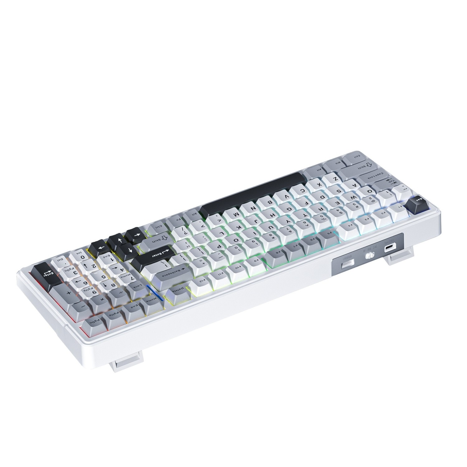 Beyaz arka planda RGB aydınlatmalı beyaz ve gri mekanik klavye.