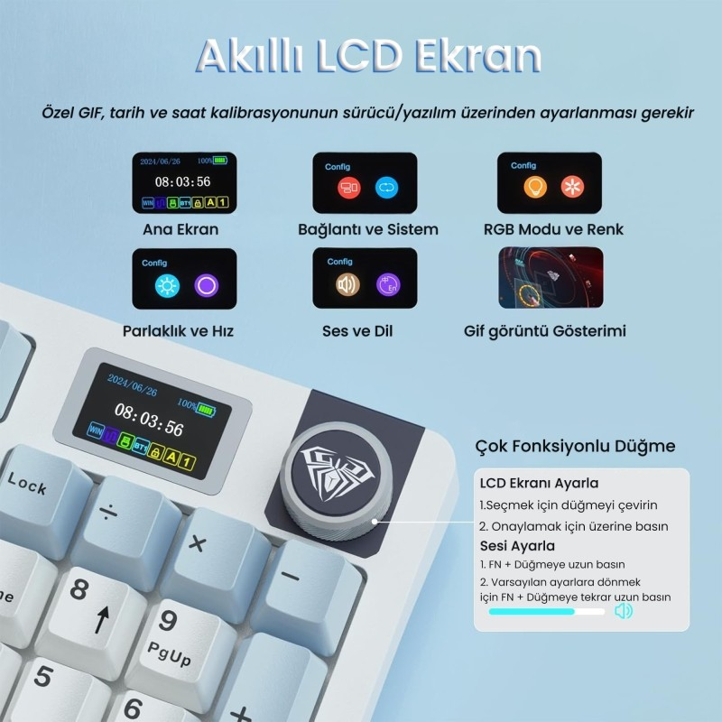 Akıllı LCD ekranlı ve çok fonksiyonlu düğmeli klavye, menü ayarlarını ve Türkçe talimatları gösteriyor.