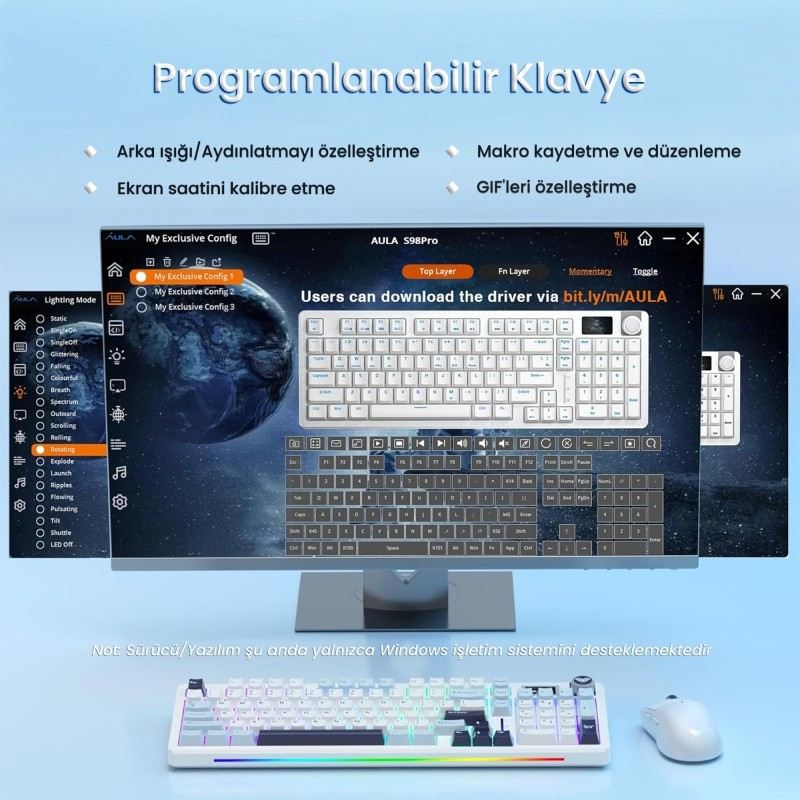Mavi arka plan üzerinde klavye yapılandırma yazılımı gösteren bilgisayar ekranı, beyaz klavye ve fare.