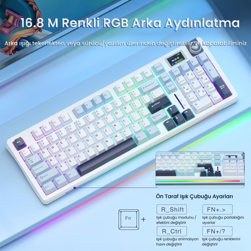 Mavi arka plan üzerinde RGB aydınlatmalı, küçük ekranlı ve Türkçe metinli beyaz bir mekanik klavye.