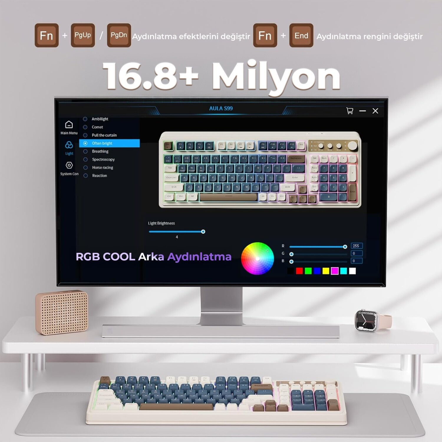 Bir bilgisayar monitörü, beyaz bir masada fiziksel bir klavyenin üzerinde RGB klavye yazılımını gösterir.
