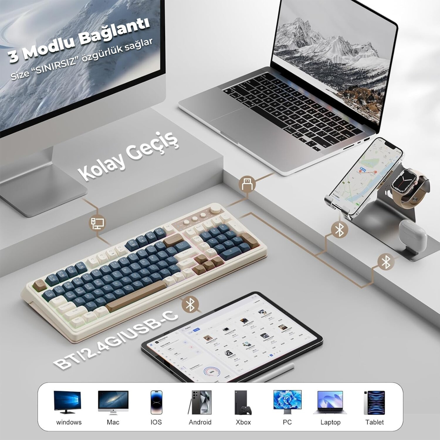Birden fazla cihaza bağlı kablosuz klavye, dizüstü bilgisayar, monitör, tablet ve telefon seti.