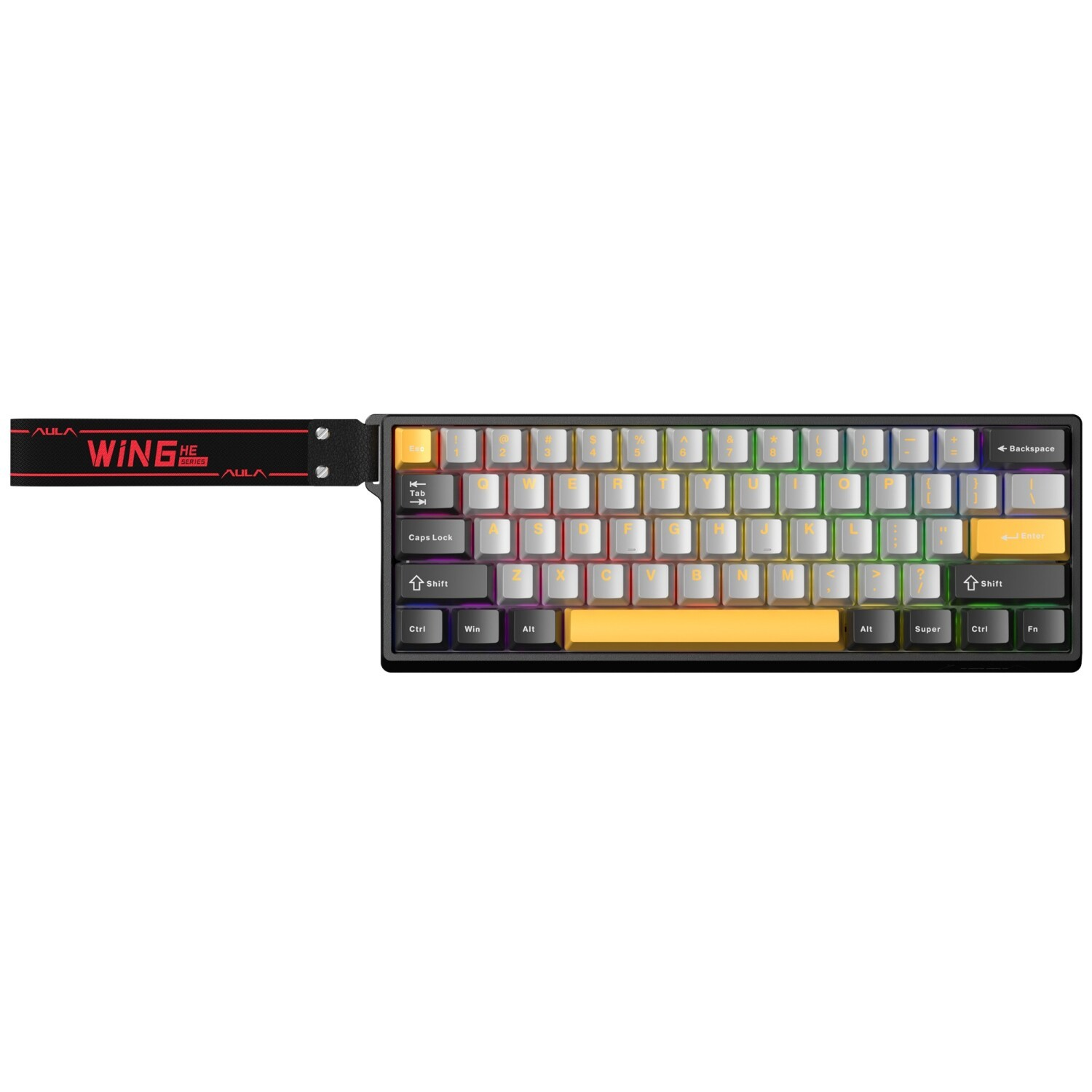 Beyaz, gri ve sarı tuşlara sahip, sol tarafında kırmızı ve siyah bilek kayışı olan kompakt bir RGB oyuncu klavyesi.
