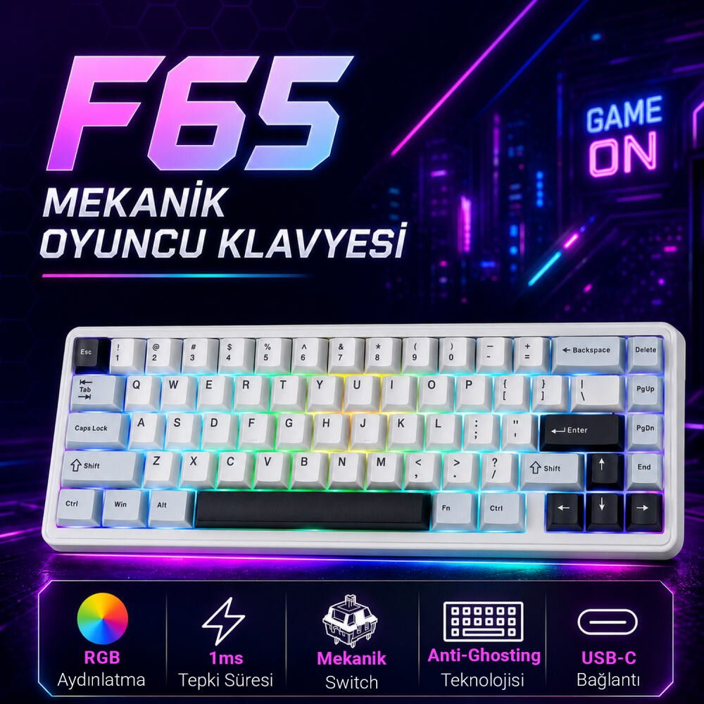 Fütüristik bir arka plan üzerinde RGB aydınlatmalı beyaz mekanik oyuncu klavyesi.
