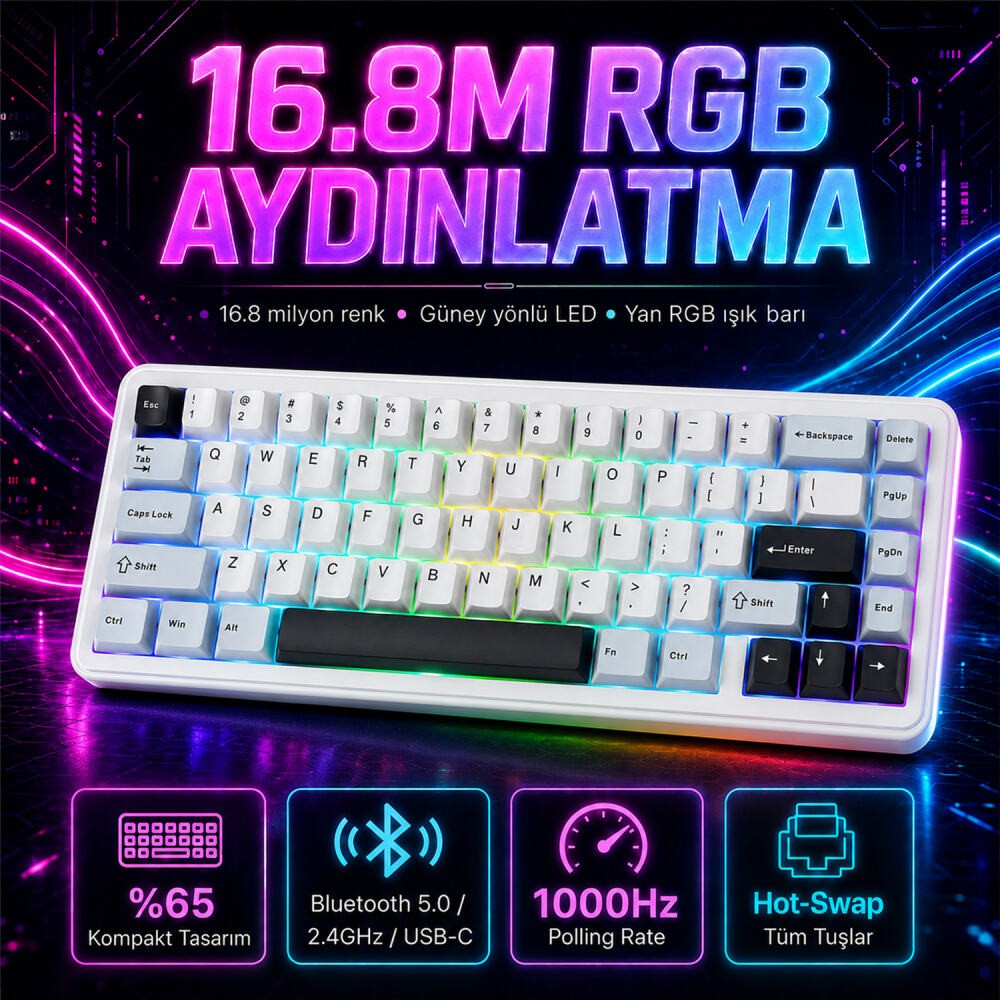 Kompakt %65 düzenli ve renkli aydınlatmalı beyaz RGB oyuncu klavyesi.