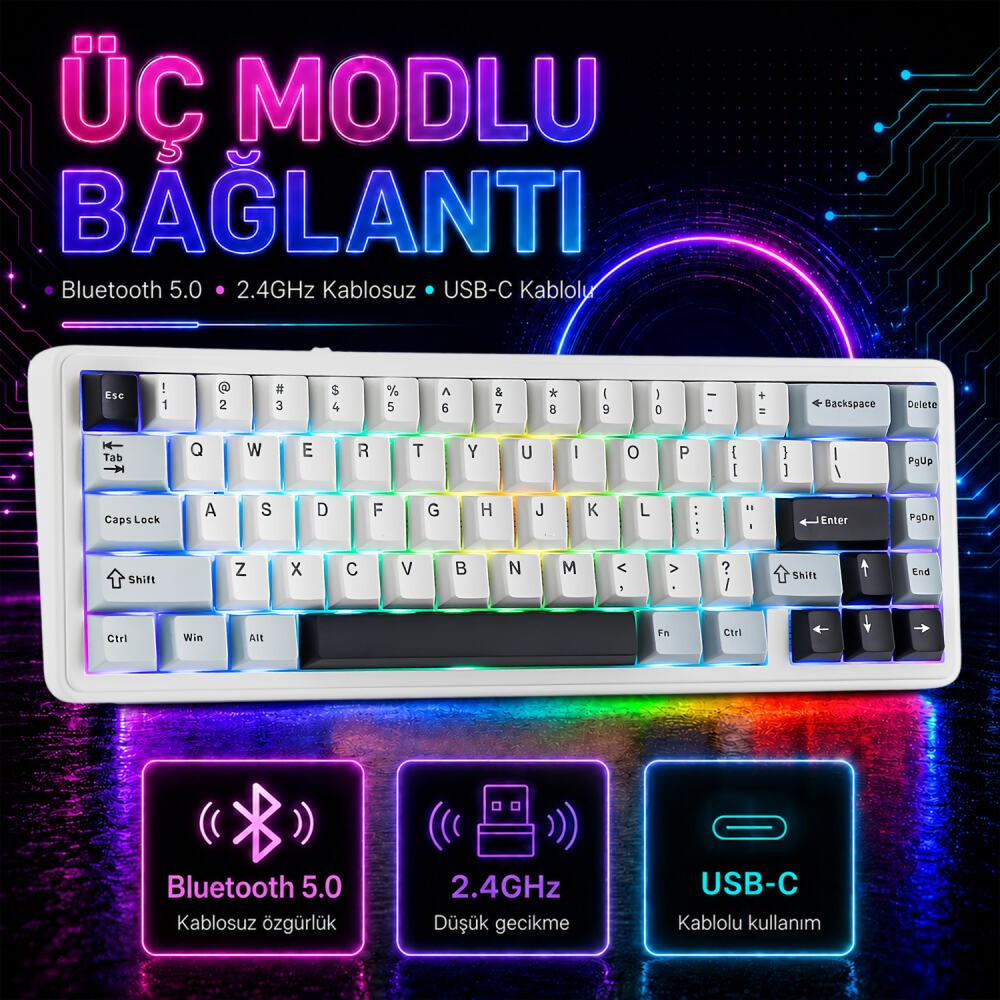 RGB aydınlatmalı, Bluetooth, 2.4GHz ve USB-C olmak üzere üç bağlantı moduna sahip beyaz bir mekanik klavye.