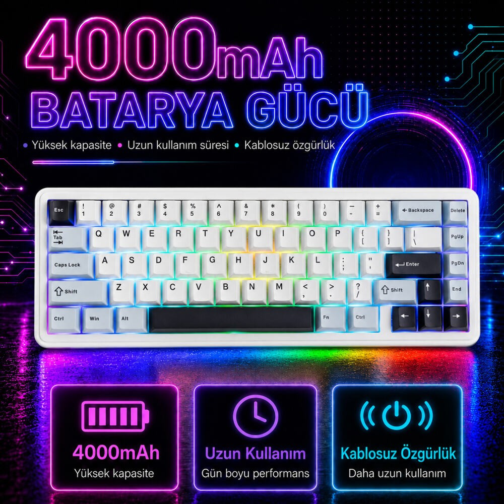 Türkçe metin içeren mavi ve mor neon arka plan önünde RGB aydınlatmalı beyaz mekanik klavye.