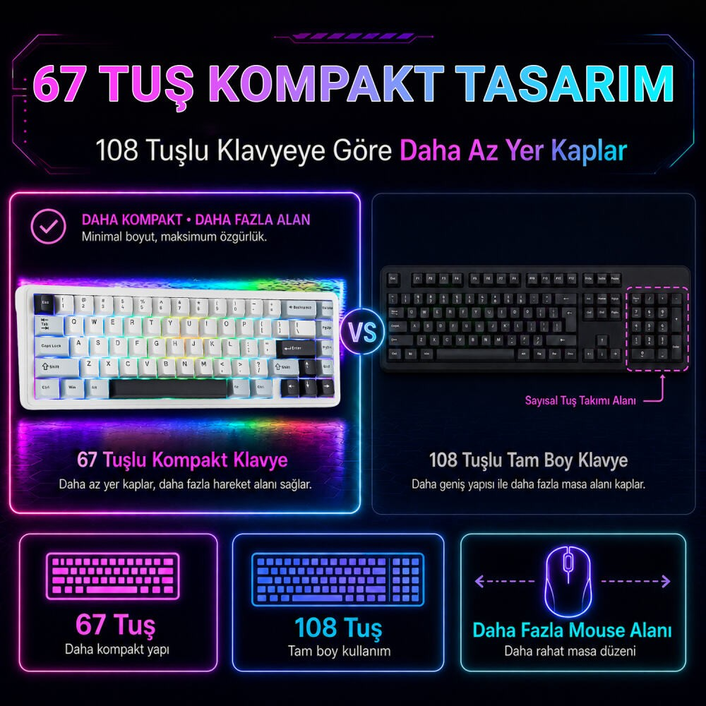 Koyu arka planda 67 tuşlu kompakt klavye ile 108 tuşlu tam boy klavyenin karşılaştırması.