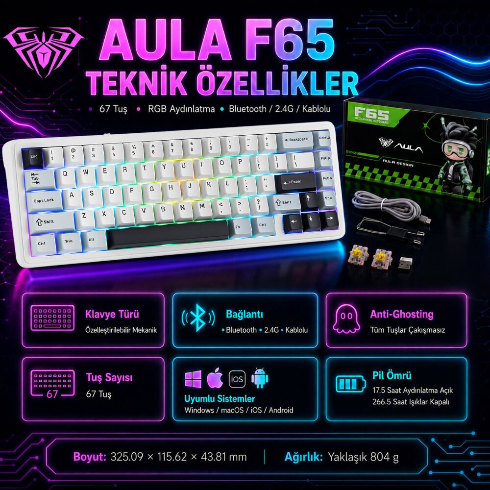 Aula F65 mekanik klavye için özellikleri, kutusu, kablosu ve teknik detayları gösteren ürün afişi.