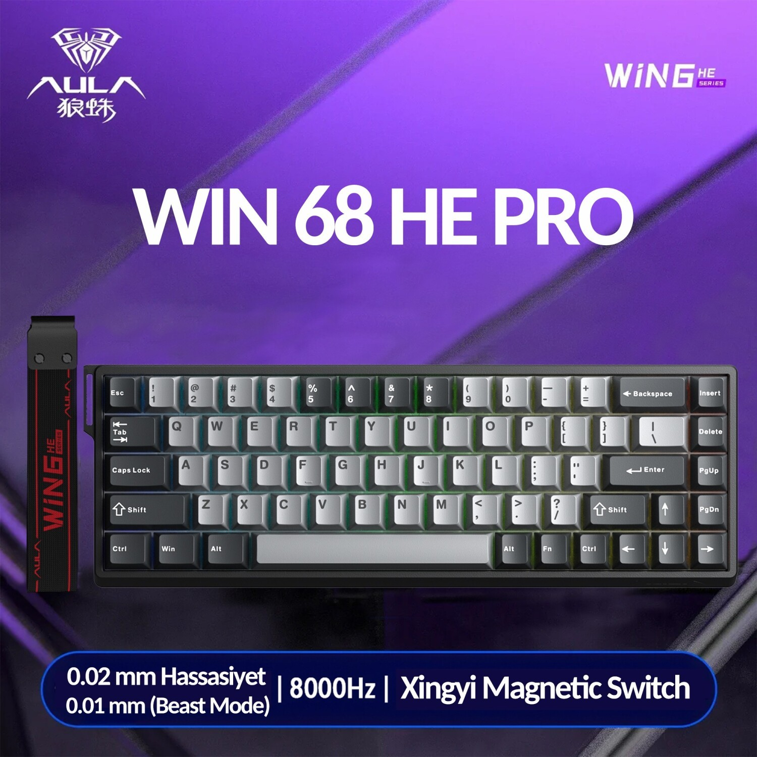 Mor arkaplan üzerinde WIN 68 HE PRO yazan siyah ve gümüş renkli kompakt klavye.