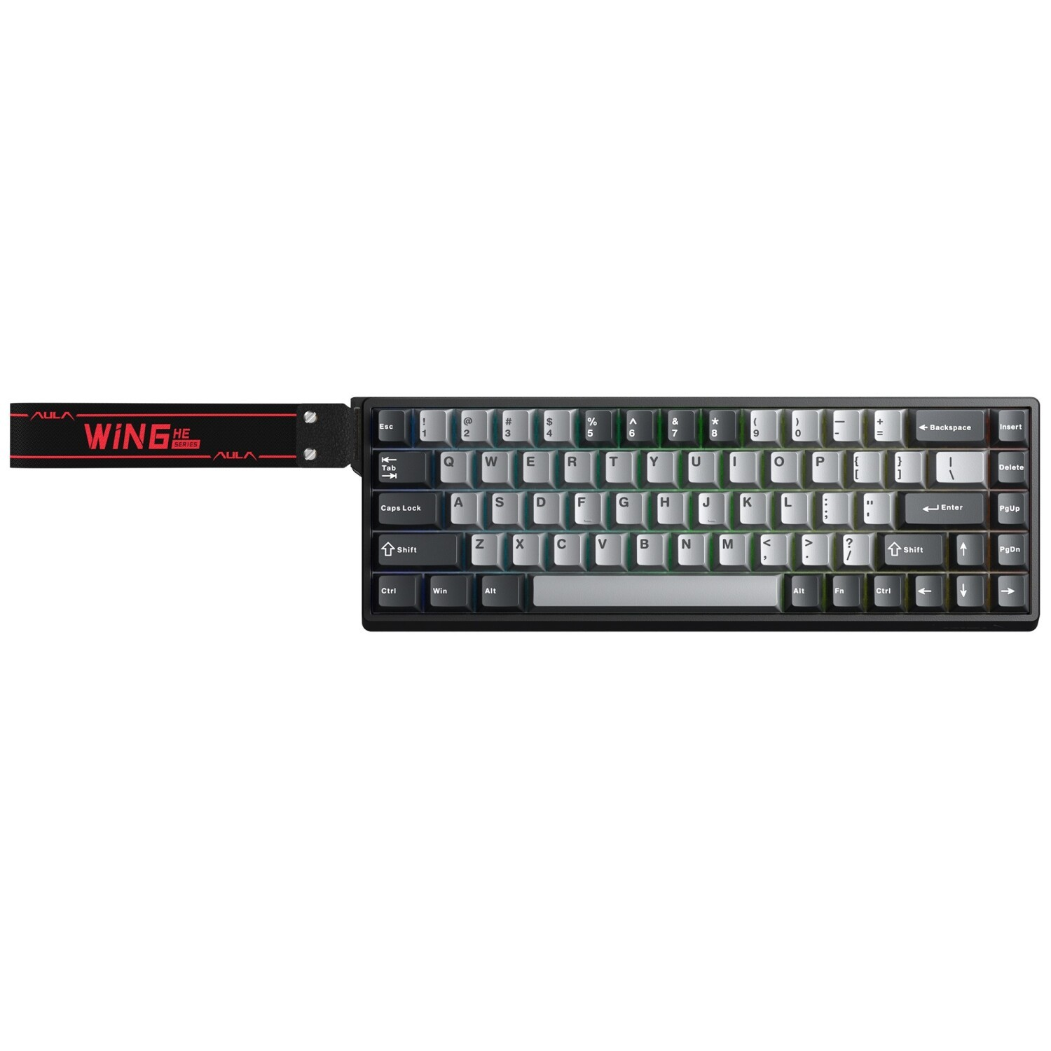 RGB arka aydınlatmalı ve kırmızı taşıma kayışına sahip siyah ve gümüş mekanik klavye.