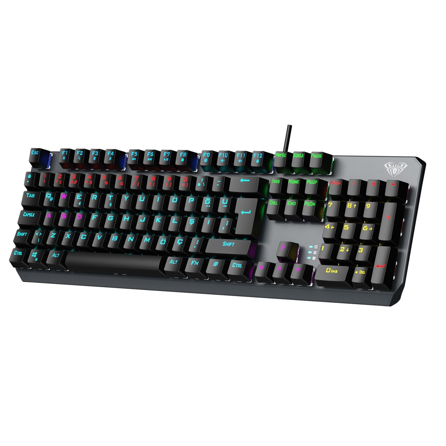 Beyaz arka planda renkli RGB arka aydınlatmalı siyah mekanik oyuncu klavyesi.
