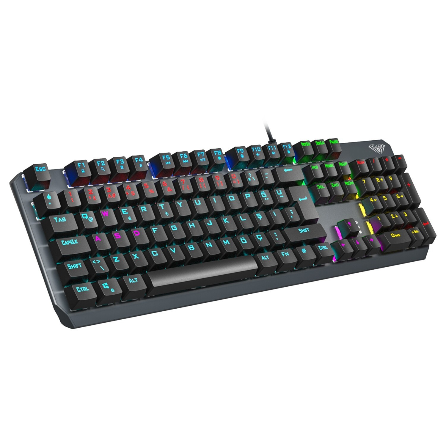 Renkli RGB arka aydınlatmalı siyah bir oyuncu klavyesi.