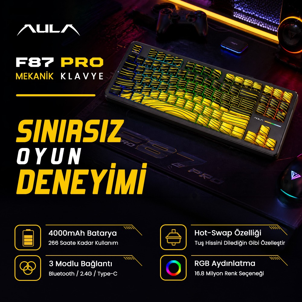 Sarı RGB aydınlatmalı ve metin grafiklerine sahip AULA F87 Pro mekanik oyuncu klavyesi.