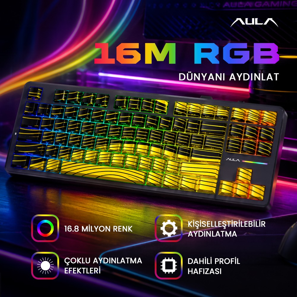 Arka planda renkli ışık efektleri ve sarı tuşları olan siyah bir RGB oyun klavyesi.