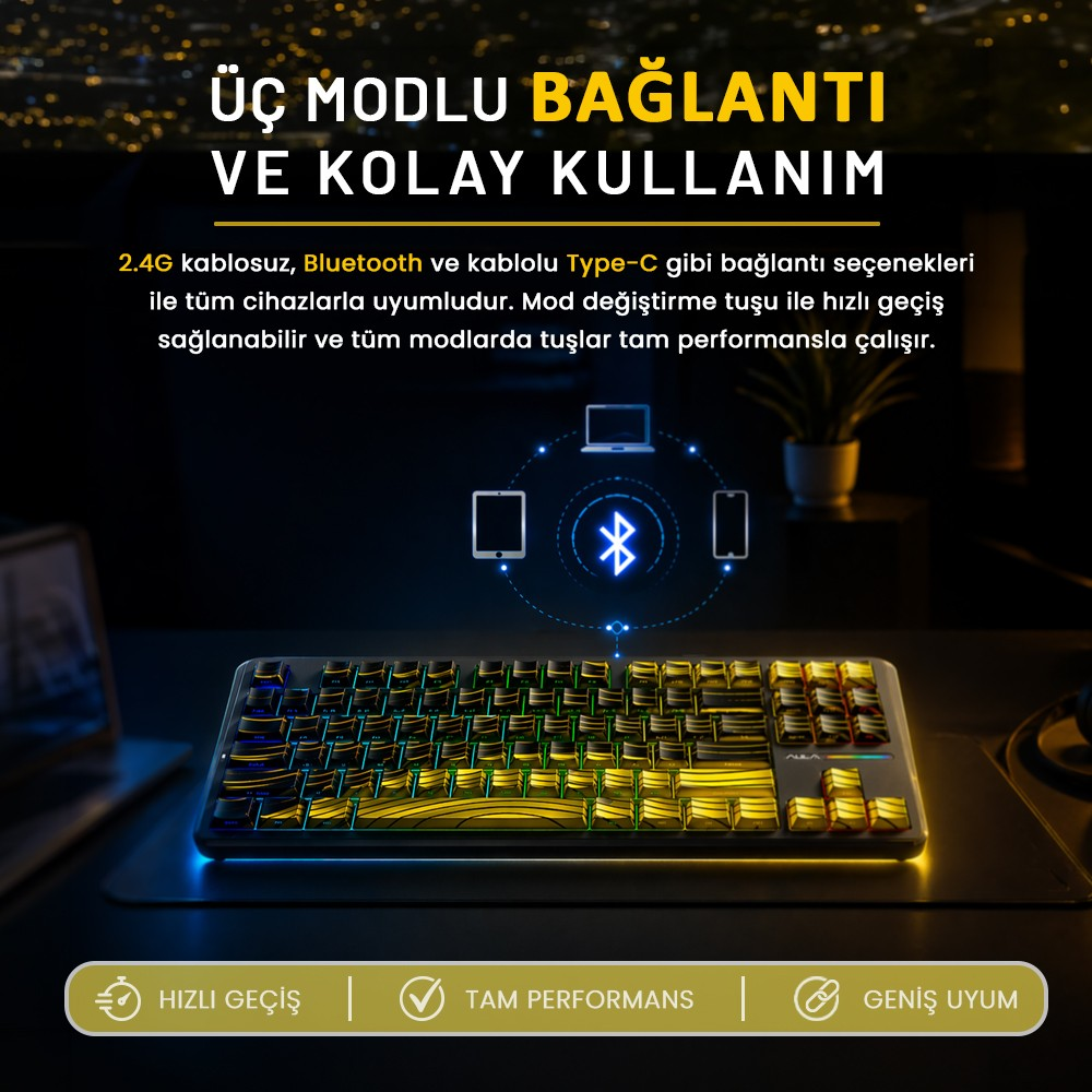 Karanlık bir arka planda üç bağlantı moduna sahip aydınlatmalı mekanik klavye.