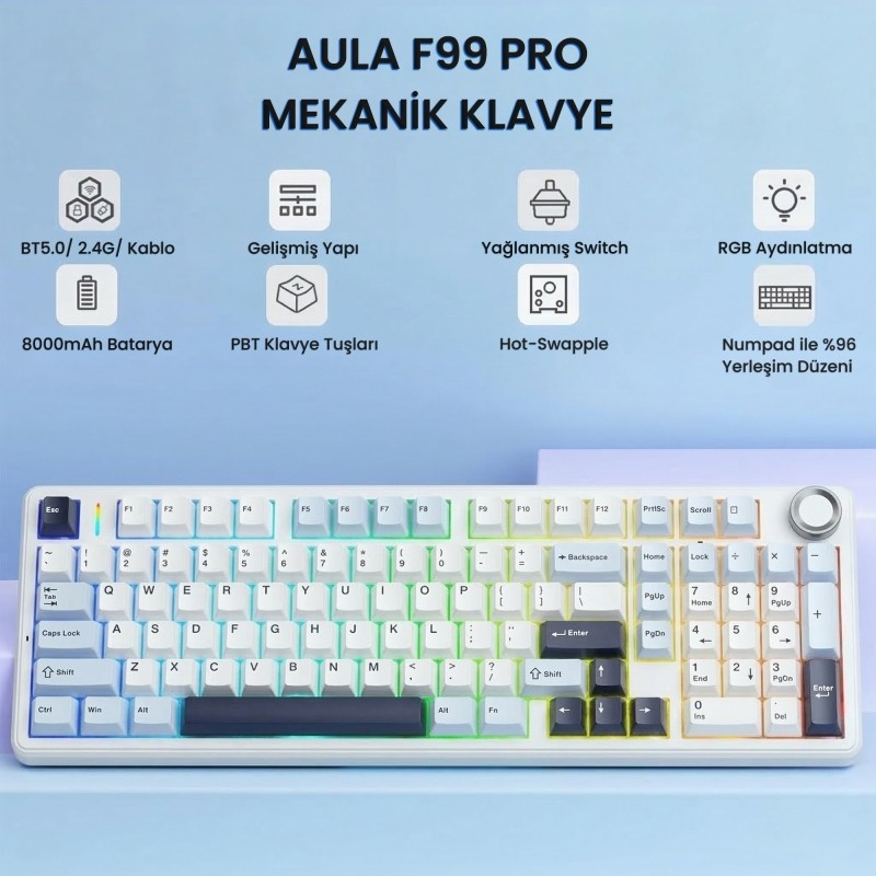 Beyaz ve koyu tuşlu, RGB aydınlatmalı ve özellik simgeleri olan mavi arka planda AULA F99 Pro mekanik klavye.