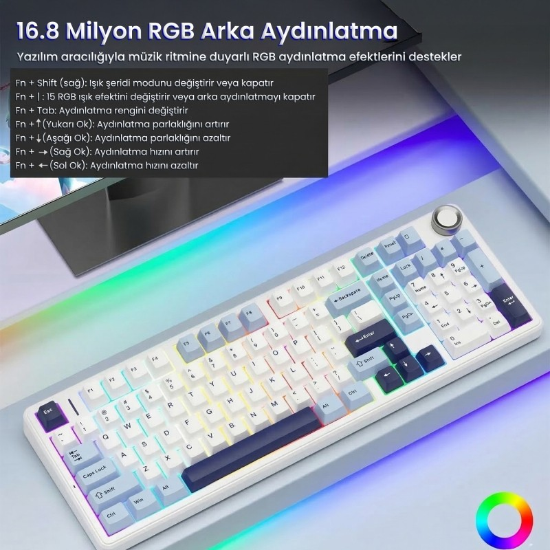 RGB aydınlatmalı ve metin kaplamalı beyaz ve mavi mekanik klavye.