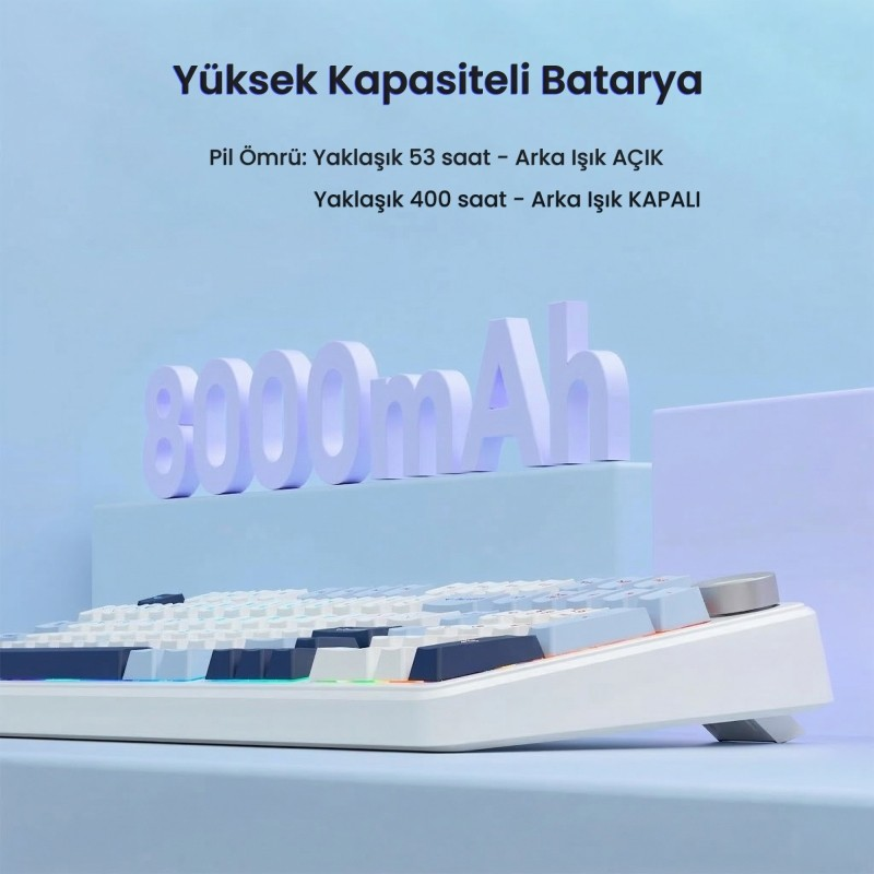 Mavi arka plan önünde 8000mAh yazılı beyaz ve mavi klavye.