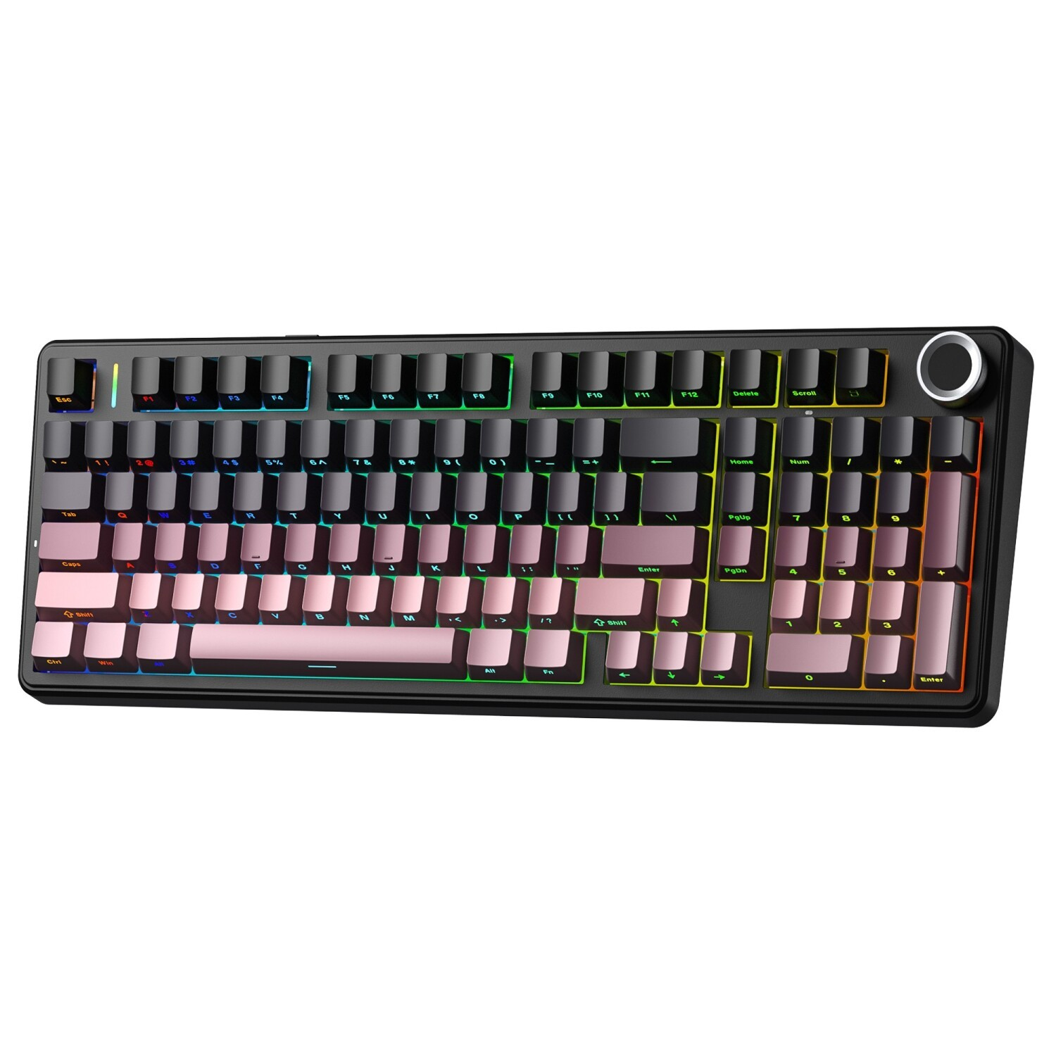Pembe-gri geçişli tuş kapaklarına ve renkli RGB arka aydınlatmaya sahip siyah mekanik klavye.