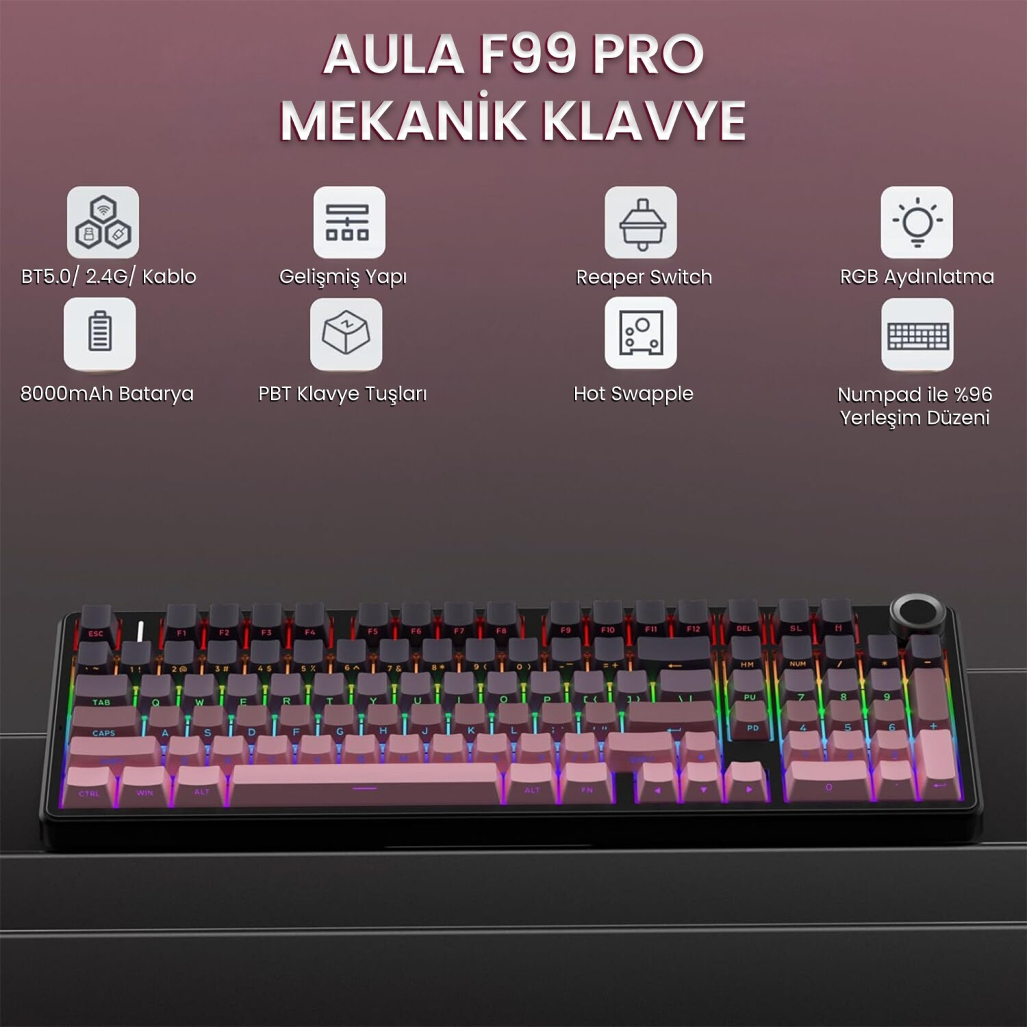 RGB aydınlatmalı ve özellik simgeli AULA F99 Pro mekanik klavye.