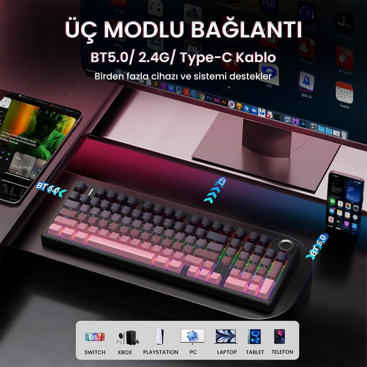 Pembe-siyah klavye, monitör, telefon, tablet ve cihaz uyumluluk simgeleri içeren bir masa düzeni.