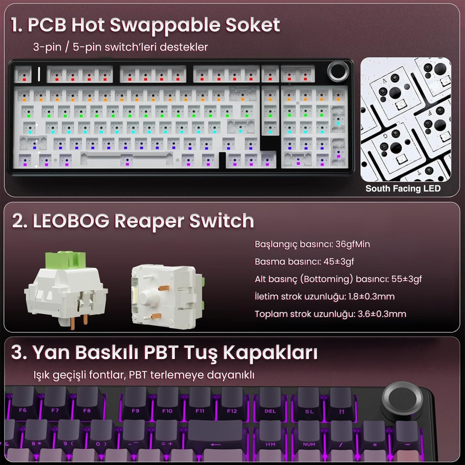Hot-swap PCB, Reaper switch ve PBT tuş kapaklarına sahip mekanik klavyenin teknik detayları.
