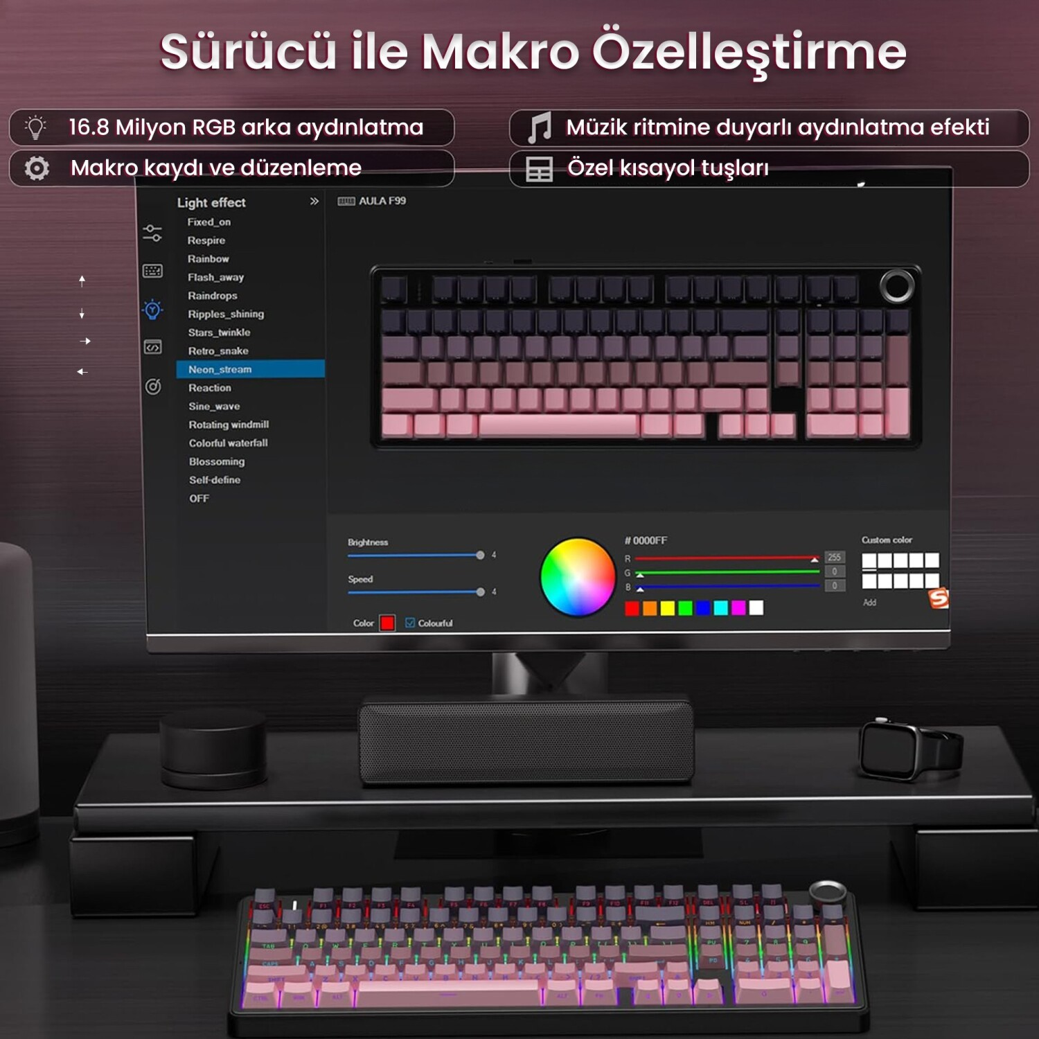 Yazılım arayüzü monitörde RGB klavye ayarlarını gösteriyor.