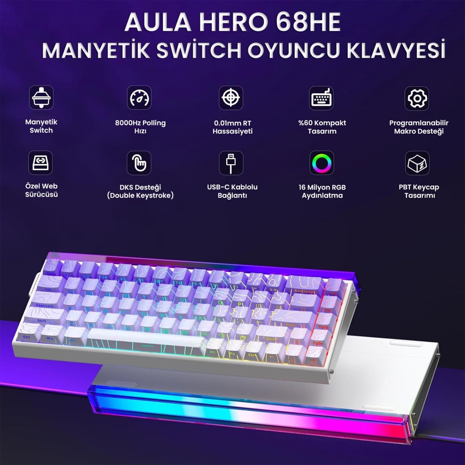 RGB aydınlatmalı beyaz ve şeffaf mekanik oyuncu klavyesi, üzerinde sıralanan ürün özellikleriyle birlikte.
