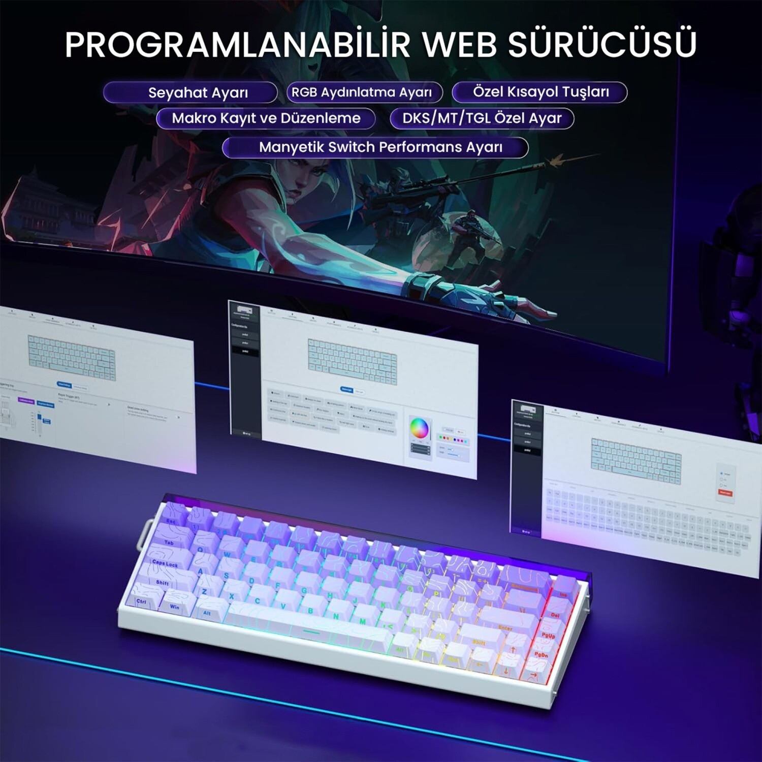 Arka planda RGB aydınlatmalı, yazılım pencereli ve oyun ekranlı programlanabilir beyaz ve mor mekanik klavye.