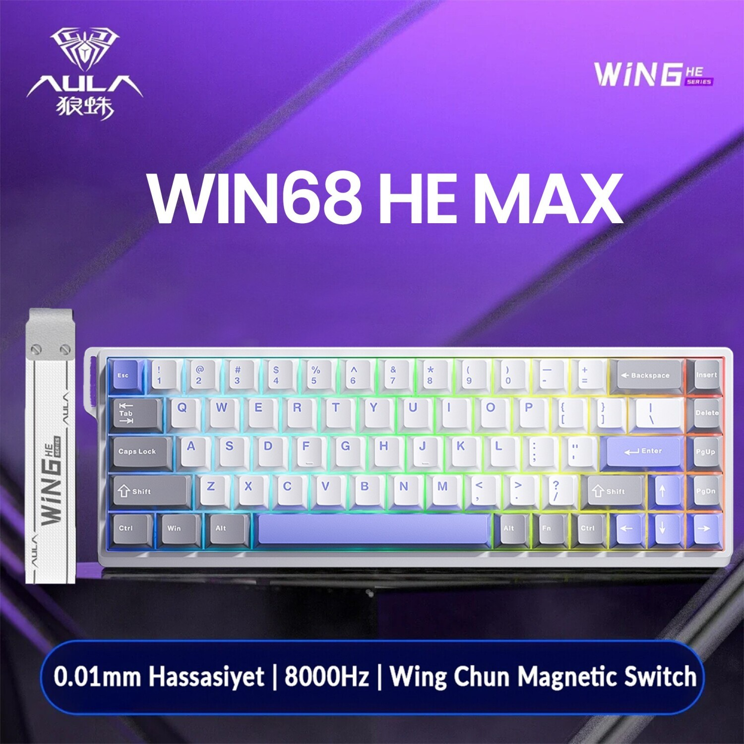 Mor arka plan üzerinde RGB aydınlatmalı ve metinli kompakt AULA WIN68 HE MAX oyuncu klavyesi.